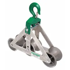 Cable pulling sheave with 6-inch sheave width and 6,500 lb maximum load capacity. Constructed from aluminum and steel. Used for guiding and protecting cables during pulling operations in conduit or cable tray systems.