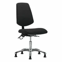 This armless ESD-safe chair features a fabric seat and an aluminum base. It has a seat width of 18 1/2 inches, seat depth of 17 inches, and a height range of 19 to 24 inches. The back tilts forward 10.5° and backward 13.5°. No casters or foot support included. Suitable for use in environments requiring electrostatic discharge control