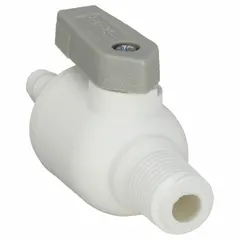 This Parker ball valve is a one-piece, straight polypropylene valve with a lever handle. It features a barb x male NPT connection for use in low-pressure fluid systems requiring corrosion resistance. Suitable for on/off control in water, chemical, and pneumatic lines.