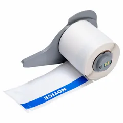 Blue-header polyester precut label roll measuring 1 29/32 in x 4 in. Features rubber adhesive and halogen-free material. Compatible with M710 printer series. Used for industrial safety notices and identification on equipment, pipes, and workspaces.