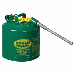 Type II safety can for handling and dispensing flammable liquids such as oil. Features a 5 gal capacity and includes a 7/8 in OD hose for controlled pouring. Green finish. Suitable for industrial environments requiring safe storage and transfer of flammable liquids.