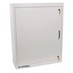 This wall-mount medical cabinet is constructed of metal for secure storage. It features one keyed door and three adjustable shelves. The cabinet has an overall width of 24 inches, depth of 10 inches, and height of 30 inches. Suitable for organizing and restricting access to supplies in medical facilities.