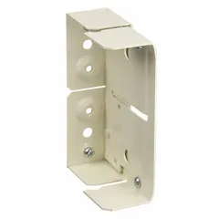 Steel 90° internal elbow for single-channel raceways, part of the Series 4000. Features 90° internal corners and includes a fiber bushing. Used to route wiring around inside corners in surface raceway installations, providing a smooth cable path and conductor protection. Ivory finish.