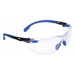 Frameless safety glasses with padded comfort-fit design. Clear lens features Scotchgard™ Advanced Anti-Fog coating. Black/blue frame. Suitable for eye protection in industrial environments such as machining, material handling, and maintenance.