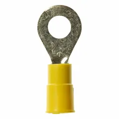 Vinyl-insulated ring terminal rated for 1000V, with a 1/4 in stud size and accepting 12 AWG to 10 AWG wire. Used for secure electrical connections in control panels, power distribution, and equipment wiring.