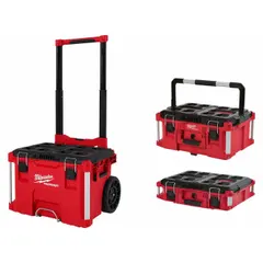 This three-piece modular tool box set includes a rolling base for transport and stacking. The system supports up to 250 lb and is suited for organizing and securing tools on job sites.
