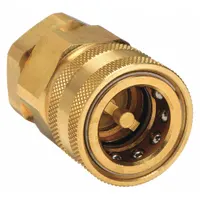Brass hydraulic quick-connect coupling body with 3/4"-14 thread size, maximum flow rate of 681.3 lpm, and nitrile seal. Used for quick, leak-free connection and disconnection of hydraulic lines in industrial fluid power systems, such as mobile equipment, machine tools, and hydraulic power units