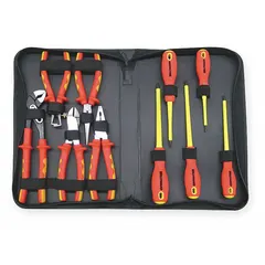 This 10-piece insulated tool set includes tongue and groove pliers, a wire stripper, and two slotted screwdrivers, all housed in a tool case. Designed for electrical work where protection against shock is required, the tools are insulated for use on live circuits up to 1000V. Suitable for electricians and maintenance technicians in industrial and commercial settings.