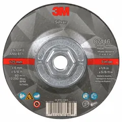 This depressed center grinding wheel is designed for cool cutting on carbon and stainless steel. The ceramic abrasive with 36 grit enables heavy stock removal, weld blending, and edge chamfering in metal fabrication and maintenance tasks. Dimensions: 5" diameter, 1/4" thickness, 5/8"-11 arbor.