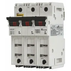 This BUSSMANN fuse block is a 3-pole UL Class J device rated for 600 V AC. It features DIN rail mounting and box lug termination for secure wire connections. Typical applications include overcurrent protection in industrial control panels, motor circuits, and branch circuits.