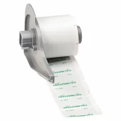 Polyester precut label roll in gray/green with acrylic adhesive, halogen-free. Sizes: 3/4 in x 1 1/2 in and 1 1/2 in x 3/4 in. Compatible with BMP71 printer. Used for on-demand identification of calibration equipment in industrial maintenance and quality assurance.