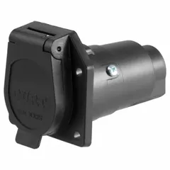 This CURT 7-way plastic vehicle-side electrical plug is used for connecting trailers to towing vehicles. It supplies power for lights, brakes, and auxiliary functions in fleet and vehicle maintenance applications, ensuring reliable electrical connections for heavy-duty towing.