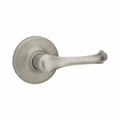 This storeroom lever lockset features a satin nickel-plated zinc finish in a rose style. It is ADA compliant and designed for ANSI F75 Hall function, providing keyed entry from outside and free egress from inside. Suitable for interior doors in commercial storage rooms, offices, and utility closets.