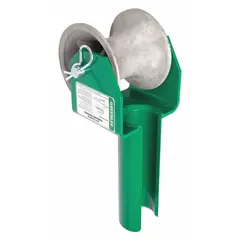 This feeding sheave guides and supports cables during pulling, reducing friction and preventing damage. With a 5-inch sheave width and 6050 lb maximum load capacity, it is suited for heavy cable installations in electrical, telecommunications, and utility applications. Constructed from aluminum.