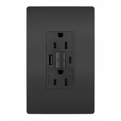 Duplex receptacle with two USB ports (Type A and C) and GFCI protection. Rated 125V AC, 15 A, 5-15R configuration. Black. Suitable for outdoor or damp locations requiring power and device charging.