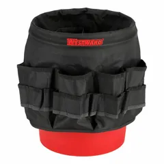 Black polyester bucket tool organizer with a 12 11/16 in overall diameter. Designed to hold pliers securely within a standard bucket for organized access on job sites. Zero compartments provide open storage for tools.