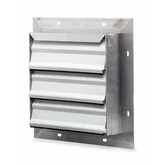 This wall-mount backdraft damper features flat aluminum blades and is designed for vertical mounting with horizontal airflow. It measures 25 inches high, 25 inches wide, and 2.5 inches deep, with a maximum air velocity of 2500 fpm. Suitable for use in ventilation systems to prevent reverse airflow when the fan is not operating.