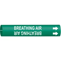Green pipe marker with white legend reading 'Breathing Air' and directional arrows. Fits pipe outer diameters from 1-1/2 to 2-3/8 inches. Used to identify breathing air lines in piping systems, aiding in quick recognition of compressed air for respiratory protection.