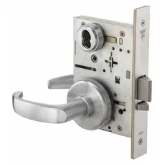 This BEST office lever lockset features a satin chromium-plated stainless steel finish, a 40H rose, and F04 function. It is ADA compliant and includes an interchangeable core for key-system flexibility. Suitable for securing interior office doors in commercial buildings.