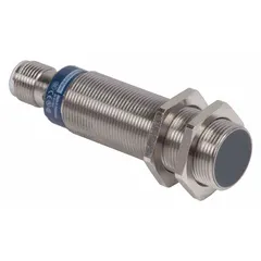 This shielded inductive cylindrical proximity sensor features a built-in connector and 3-wire configuration. It operates on a DC supply voltage of 12 to 48 V DC and is not rated for AC supply. Used for non-contact detection of metallic objects in position sensing, part detection, and machine control applications.