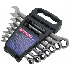 This 7-piece set of SAE 12-point ratcheting combination wrenches is made of alloy steel with a satin finish. Head sizes range from 5/16 in to 3/4 in. The ratcheting box end allows fastener turning without repositioning, suitable for automotive and mechanical tasks. Includes a storage rack.
