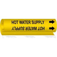 Wrap-around pipe marker for identifying hot water supply lines. Yellow background with black legend and directional arrows. Fits pipe outer diameters from 1-1/2 to 2-3/8 inches. Single marker supplied
