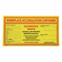 Vinyl label (25-pack) measuring 11 in wide by 6 in high with a yellow background. Message states: 'Hazardous Waste Federal Law Prohibits Improper Disposal. If Found, Contact the Nearest Police or Public Safety Authority, or the U.S. Environmental Protection Agency.' Used to identify hazardous waste containers in compliance with federal regulations.