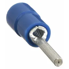 Insulated pin terminal with blue vinyl insulation and a butted seam style. Designed for secure wire termination in control panels, electrical enclosures, and automation systems. Pin diameter: 0.075 in.