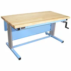 This open-base workstation features a maple top measuring 60 inches by 30 inches with a blue frame. It has an overall load capacity of 500 lb. Suitable for industrial assembly, maintenance, and packaging stations where a sturdy work surface is required.