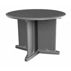 This 42-inch diameter round table features a gray polyethylene top with an X-base for stability. It accepts ballast for wind resistance and is manufactured to ISO 22196 standards. Suitable for break rooms, cafeterias, and outdoor seating areas.