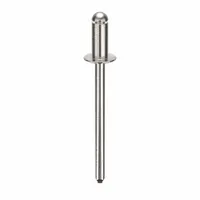Open-end blind rivet with domed head, 0.153" diameter, 1.631" overall length, and 11/32" body length. Supplied in a 500-piece pack. Used for fastening sheet metal, plastics, and composite materials where only one-sided access is available