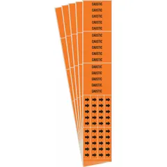 Orange adhesive pipe marker with black legend reading 'Caustic' and arrows indicating flow direction. Designed for pipes with outer diameter of 3/4 inch and smaller. Each pack contains 5 markers (3 markers per pack). Used to identify pipes carrying caustic substances in industrial facilities.