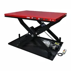 Fixed-top electric lift table with scissor mechanism for vertical lifting of heavy loads. Platform length 72 in, load capacity 5000 lb, maximum lifting height 48 in. Operates on 115V AC power with hydraulic actuation. Used in material handling tasks such as positioning pallets, workpieces, or equipment at ergonomic working heights.