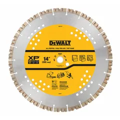 This 14-inch diamond saw blade is designed for wet or dry cutting of block, brick, and concrete. It features a 1-inch arbor and is suitable for use on small flat saws in construction and masonry applications.