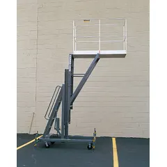 Manual push-around vertical lift with a 14 ft elevated platform height and a 64 in x 20 in platform. Includes outriggers for stability. Used for elevated work access in maintenance, warehousing, and facility tasks.