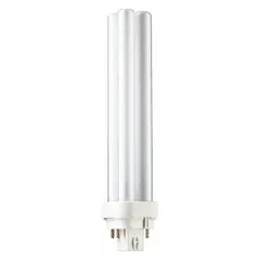 This PHILIPS compact fluorescent lamp features a double twin-tube design with a 4-pin G24q-3 base. It delivers 1800 lumens at a 2700K warm white color temperature and is dimmable. Suitable for general lighting in commercial and industrial spaces such as offices, hospitality, and retail environments.