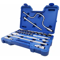 This 26-piece SAE socket set includes 12-point sockets ranging from 3/8 in to 1-1/4 in with a 1/2 in drive. The set comes with drive tools for tightening or loosening fasteners in automotive repair, machinery maintenance, and general industrial assembly.