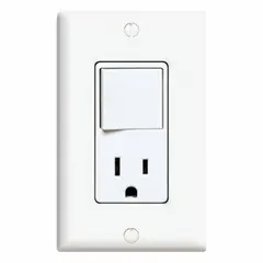 This combination device integrates a single-pole rocker switch with a NEMA 5-15R straight-blade receptacle, rated 120V AC and 15A. The white finish suits standard wall box installations in residential and commercial settings, providing both switching and power outlet functions in one unit.