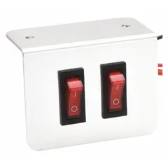 This rocker switch features an On/Off function with a red actuator and silver stem. Designed for mounting under the dash, it is suitable for controlling auxiliary circuits in vehicles, such as lighting or fan systems.