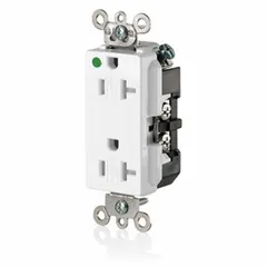 This LEVITON receptacle is a hospital-grade decorator duplex outlet with a 5-20R configuration, rated 125V AC and 20A, 2-pole/3-wire. The white tamper-resistant design meets impact and retention requirements for healthcare facilities. Suitable for general purpose use in commercial and institutional settings where enhanced durability is needed.