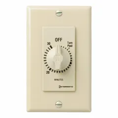 Spring-wound mechanical timer with a 30-minute maximum timing range. DPST switching configuration rated for 277V AC. No wall plate included; ivory finish. Suitable for controlling lighting, ventilation, or equipment in industrial and commercial settings where a simple timing cycle is required without external power.