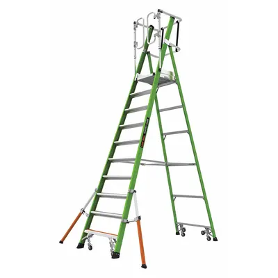 LITTLE GIANT Stepladder: 10 ft Ladder Size, Fiberglass, 375 lb Load Capacity - Ultra-Stable Rolling Safety-Cage Podium Stepladders