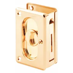 This brass pocket door pull handle features a polished brass, gold finish and unthreaded mounting holes. Designed as a tray/lever type pull, it is suitable for cabinet trays, drawers, or sliding doors in residential or light commercial cabinetry.