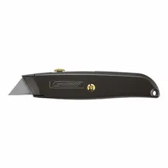 This retracting utility knife has a 7-inch overall length and a carbon steel standard tip with a plain edge. The metal body is finished in silver. It is suited for cutting cardboard, plastic strapping, drywall, and packaging materials in warehouses, construction sites, and manufacturing facilities.