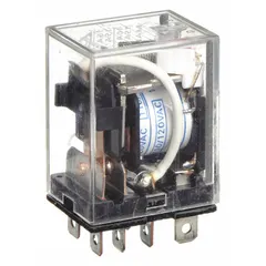 Socket-mounted plug-in relay with square base and flat pins. SPDT contact configuration rated 15 A at 120V AC. Operating current 7 A at 24V DC for inductive loads. Quick-connect terminals with 8 pins. Suitable for industrial switching applications such as controlling motors, solenoids, and lighting circuits in automation panels and machinery.