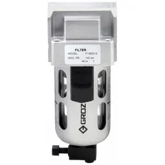 This compressed air filter removes particulate contaminants from pneumatic systems. It features a 3/8 in NPT connection, 40 micron filtration element, 80 cfm flow capacity, and a maximum operating pressure of 145 psi. Suitable for use in compressed air lines to protect downstream equipment.