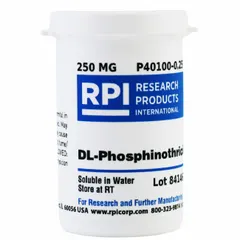 RPI DL-Phosphinothricin (PPT) is a lab-grade protease inhibitor supplied as 250 mg of powder in a plastic container. Used in biochemical research to inhibit proteolytic enzymes during cell lysis, protein extraction, and purification workflows.