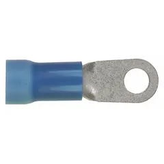 Vinyl-insulated ring terminal rated for 600 V. Accepts 6 AWG wire and fits a 1/4 in stud. Funnel entry aids wire insertion. Used for terminating wires in electrical panels, machinery, and control systems.