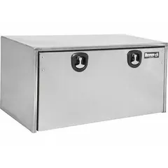 This underbody truck box features double barn-style doors with a smooth finish. Constructed with a gloss black and silver exterior, it includes a keyed lock for security. With an 18-inch overall depth, it is suited for organized storage of tools and equipment beneath a truck body.