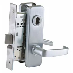 This office lever lockset is designed for interior commercial doors requiring accessibility and key control. It features a satin chromium-plated stainless steel finish, is ADA compliant, and includes an interchangeable core for easy rekeying. The F04 function supports passage or privacy applications.